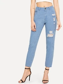 SHEIN Jeans rotos con bolsillo oblicuo - Azul - Ver 1