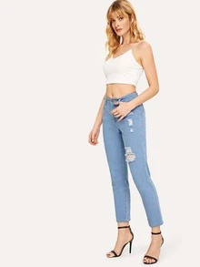 SHEIN Jeans rotos con bolsillo oblicuo - Azul - Ver 4