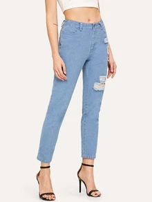 SHEIN Jeans rotos con bolsillo oblicuo - Azul - Ver 2