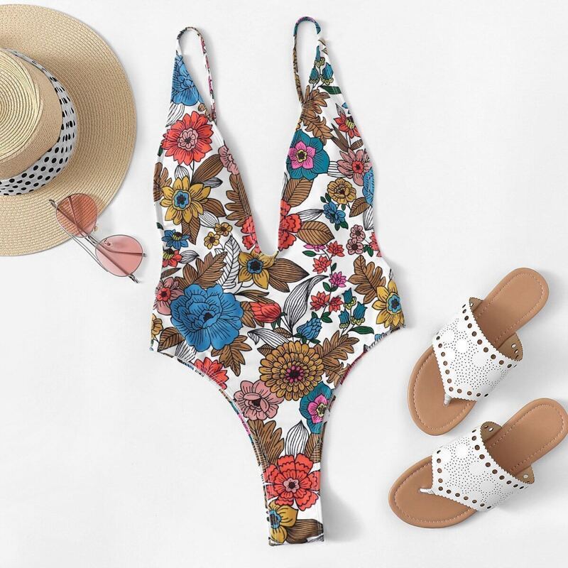 

Random Floral Open Back One Piece Swimwear, Multicolor
