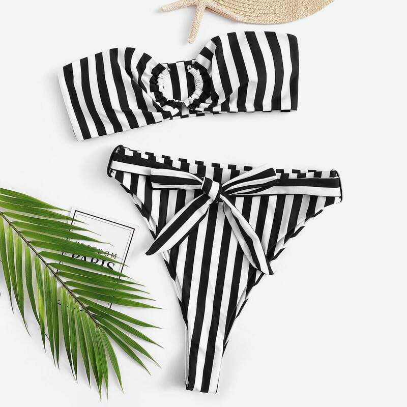 

Striped Bandeau High Leg Bikini Swimsuit, Black and white
