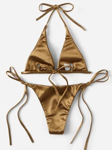 Metallic Halter Bra & Tie Side Swim Bottom Bikini Set Bathing Suit For Summer Beach - Gold - View 2