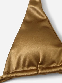 Metallic Halter Bra & Tie Side Swim Bottom Bikini Set Bathing Suit For Summer Beach - Gold - View 4