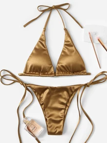 Metallic Halter Bra & Tie Side Swim Bottom Bikini Set Bathing Suit For Summer Beach - Gold - View 1
