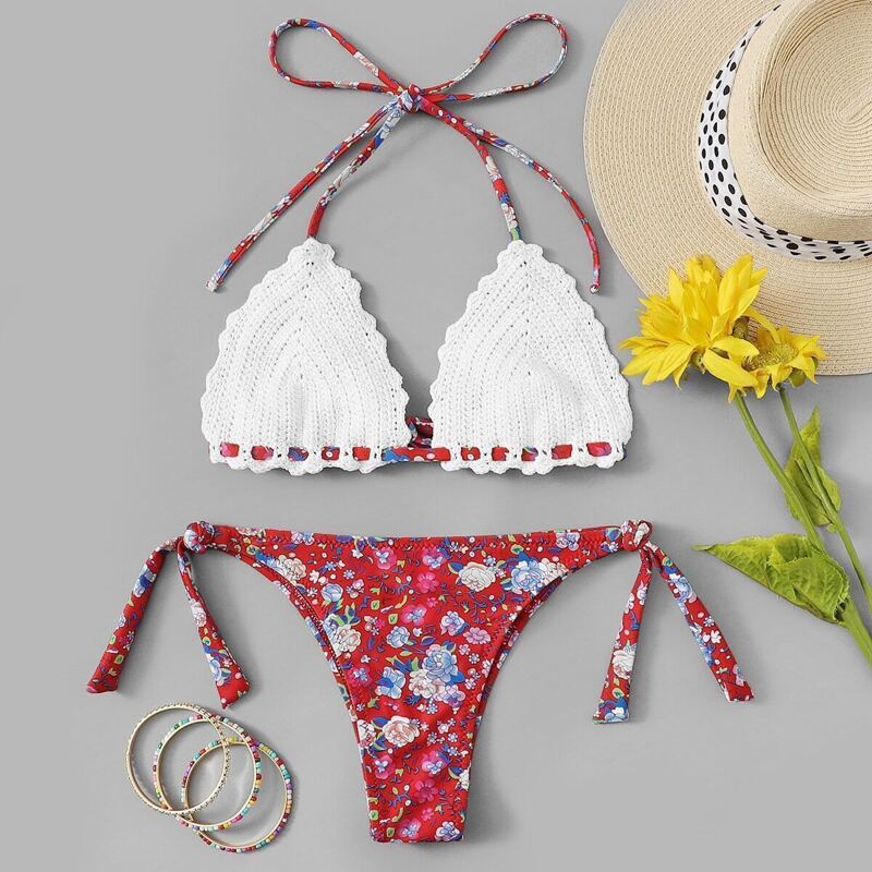 

Floral Crochet Halter Top With Tie Side Bikini, Multicolor