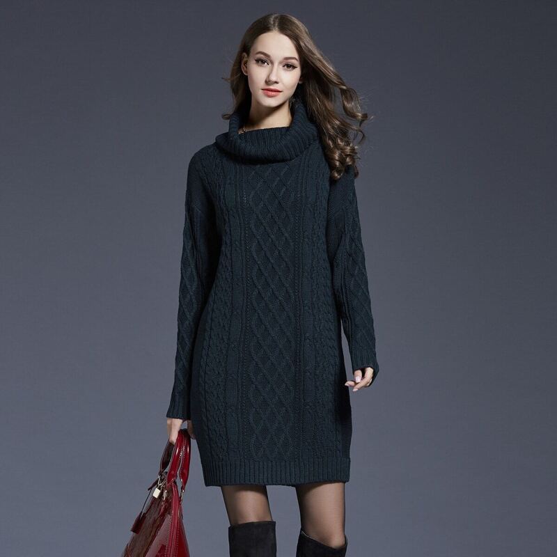 

Solid High Neck Cable Knit Sweater Dress, Navy