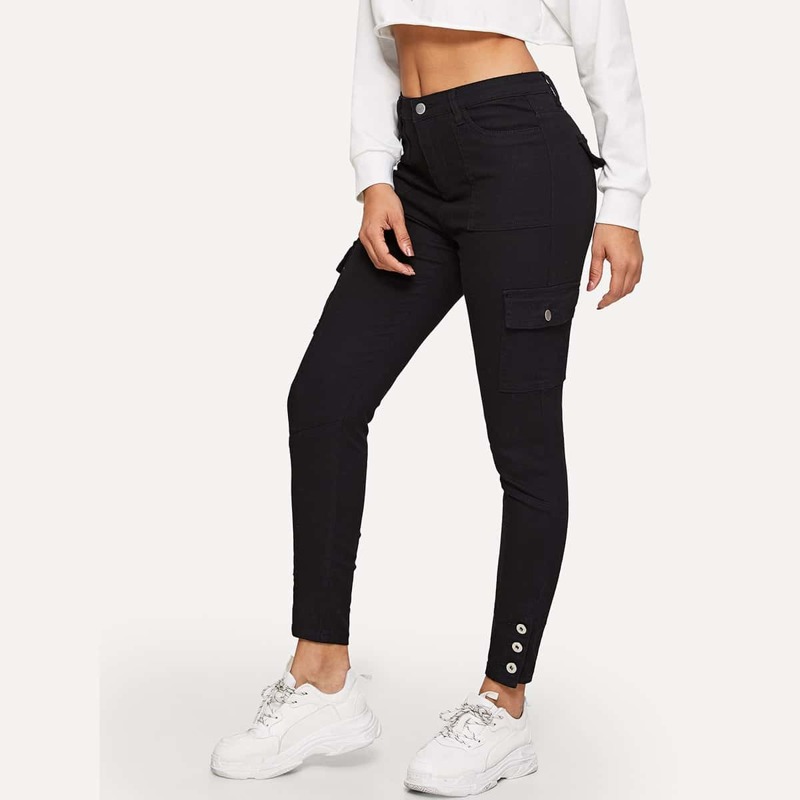 

Button Hem Flap Pocket Skinny Jeans, Black
