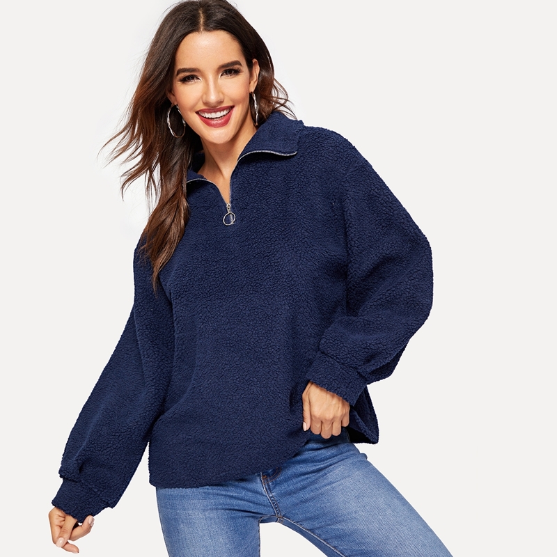 

O-ring Zip Up Solid Teddy Jacket, Navy