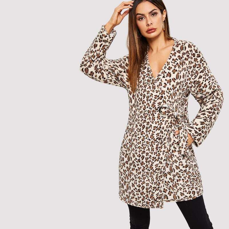 

Ring Belted Wrap Leopard Teddy Coat, Multicolor
