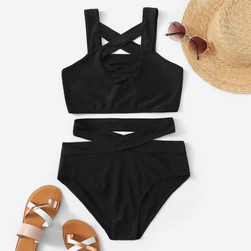 

Criss Cross Top With Cutout Bikini Set, Black