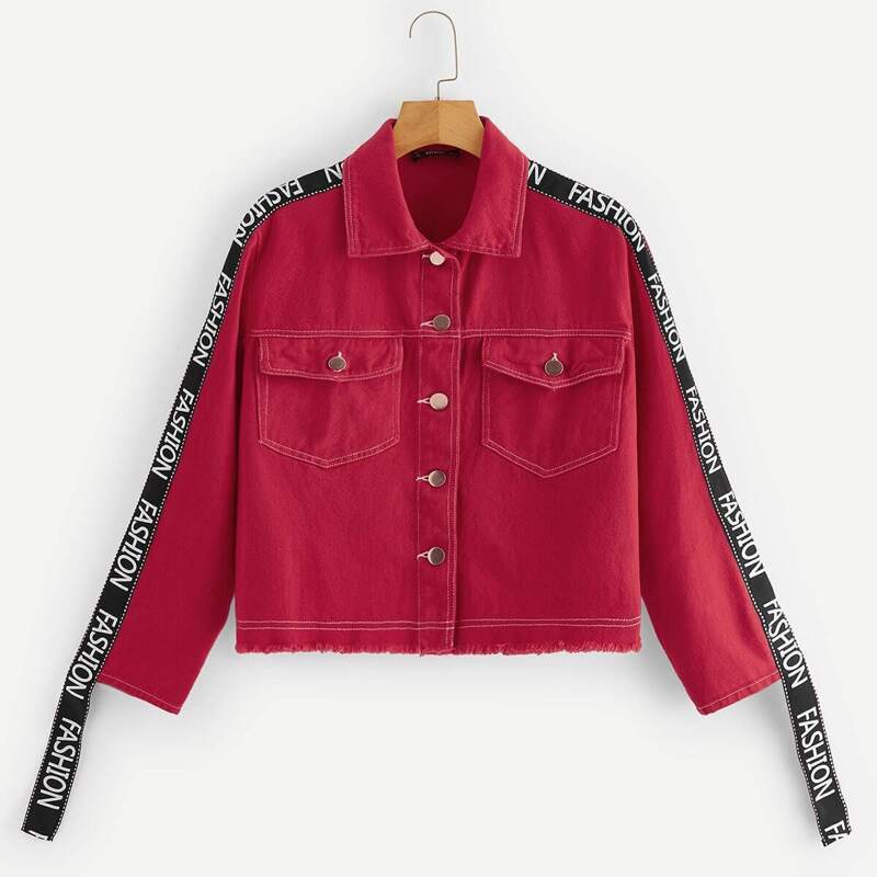 

Button Up Flap Pocket Letter Tape Crop Jacket, Red