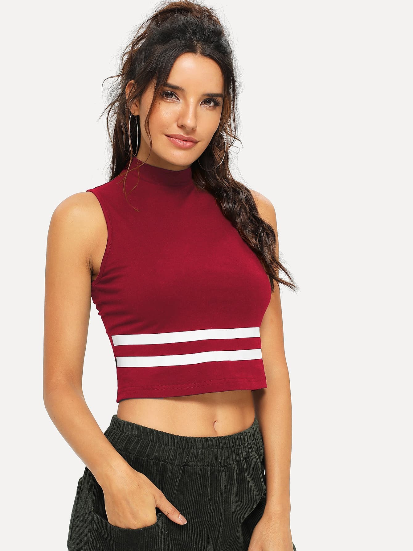 Download Crop Mock Neck Striped Tank Top | SHEIN IN