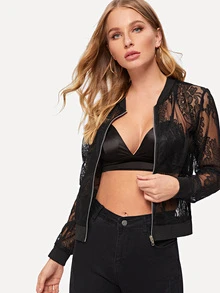 Zip Through Sheer Lace Jacket - Black - View 3