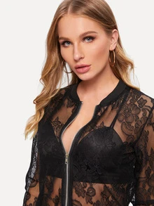 Zip Through Sheer Lace Jacket - Black - View 4