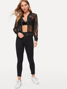 Zip Through Sheer Lace Jacket - Black - View 5