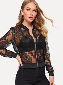 Zip Through Sheer Lace Jacket - Black - View 1
