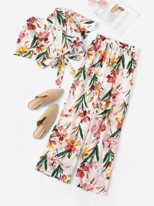 Floral Print Knot Top With Wide Leg Pants