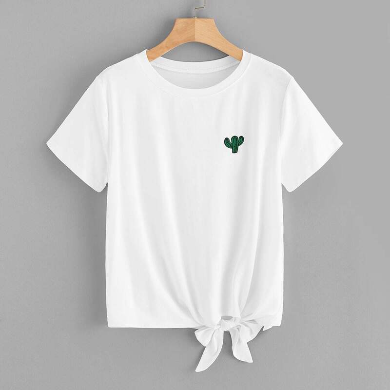 

1Plus1 Girls Knot Hem Cactus Embroidered Tee, White