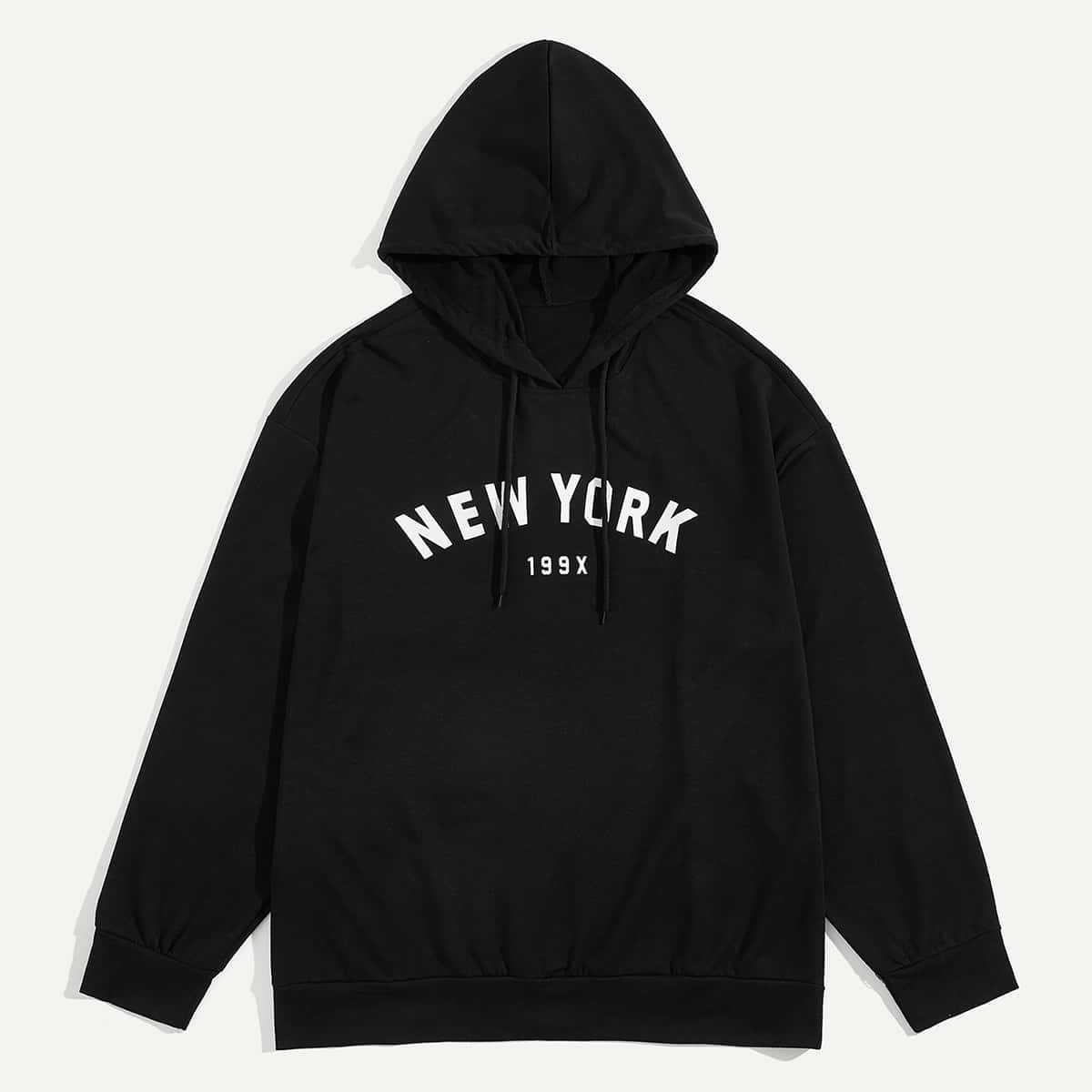 

1Plus1 Guys Letter Print Hooded Sweatshirt, Black