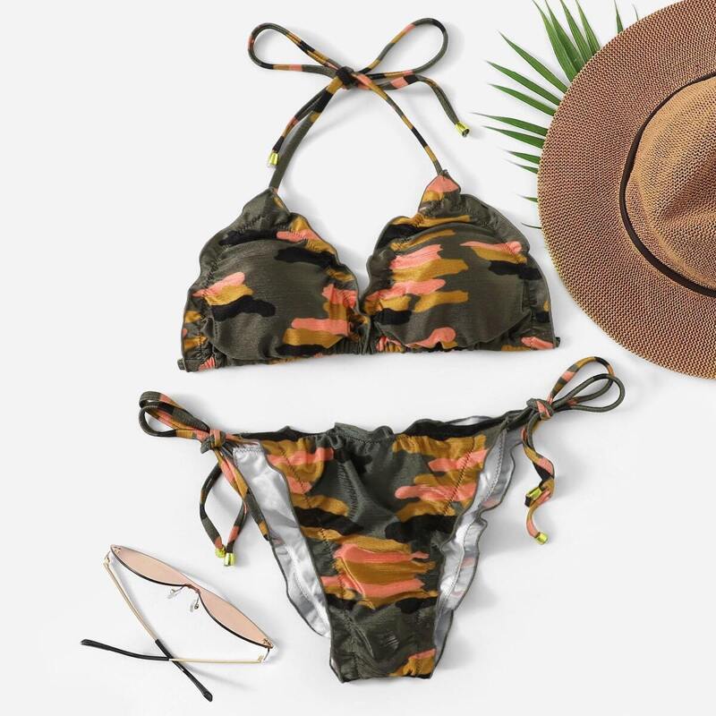 

Camouflage Lettuce Trim Halter Top With Tie Side Bikini, Multicolor