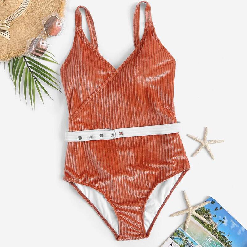 

Ribbed Belted Low Back One Piece Swimsuit, Red