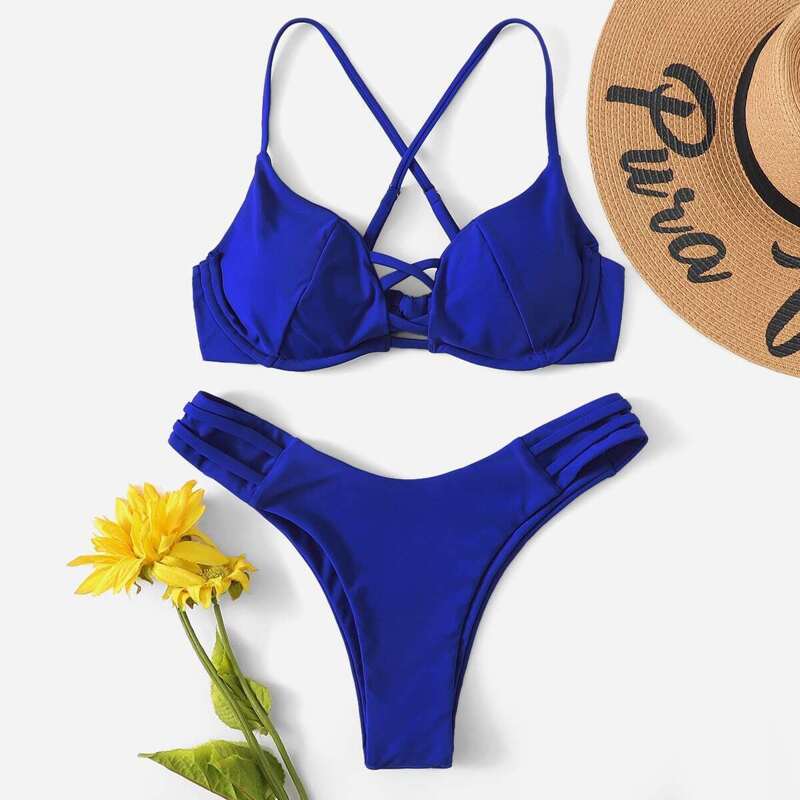 

Criss Cross Underwire Top With High Cut Bikini, Blue