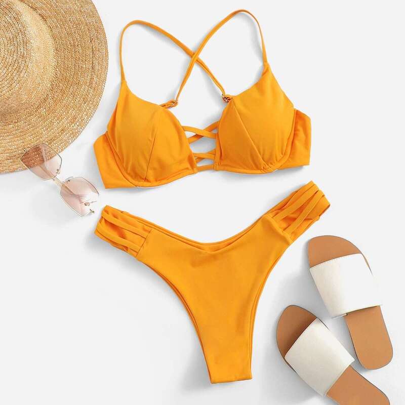 

Criss Cross Underwire Top With High Cut Bikini, Yellow bright