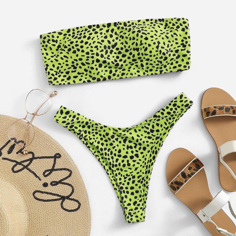 

Dot Print Bandeau With High Cut Bikini, Green