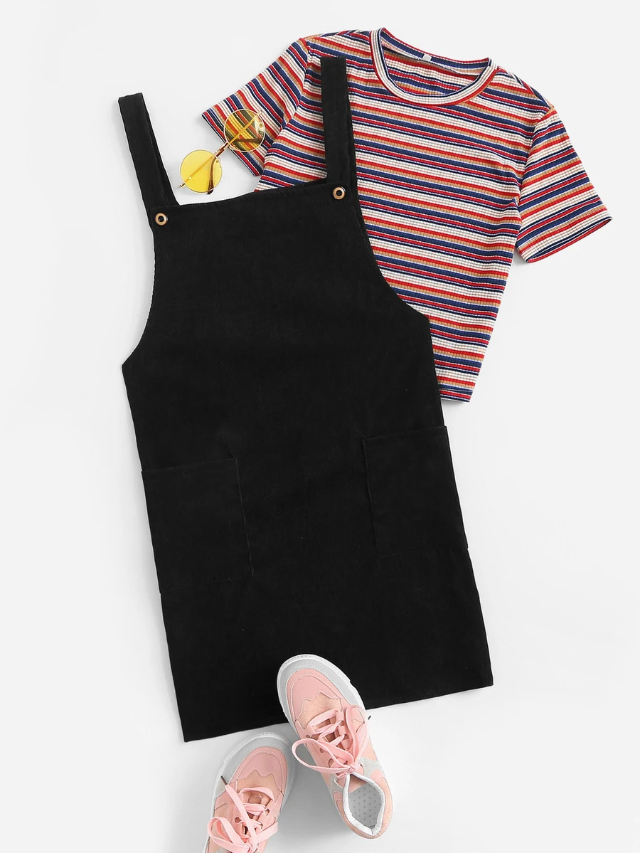 Solid Double Button Pinafore Dress - Black - View 1