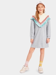 Girls Chevron Frill Trim Hooded 2 In 1 Dress