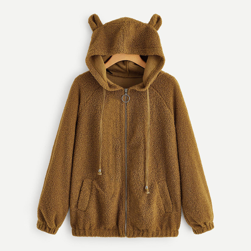 

Raglan Sleeve Teddy Drawstring Jacket With Ear Hoodie, Brown