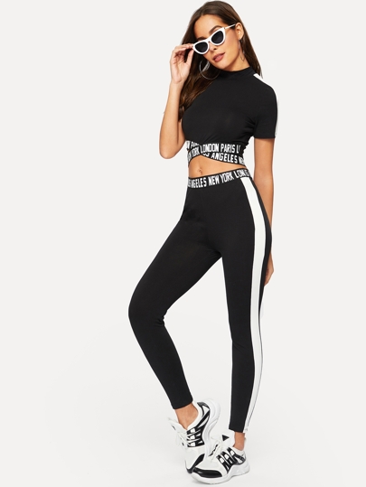 Conjunto de Camiseta corta con letras con costura lateral en contraste y Leggings
