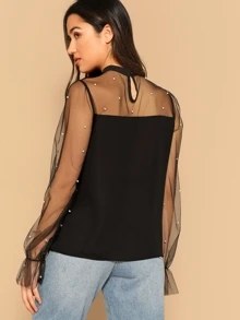 SHEIN Pearl Beaded Mesh Yoke Blouse - Black - View 2