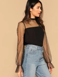 SHEIN Pearl Beaded Mesh Yoke Blouse - Black - View 3