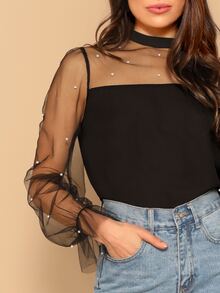SHEIN Pearl Beaded Mesh Yoke Blouse - Black - View 4