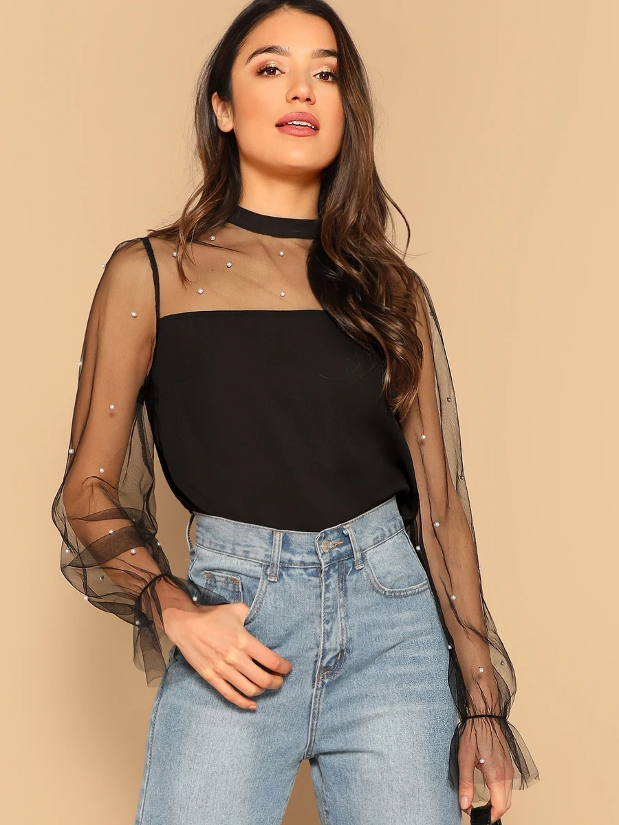 SHEIN Pearl Beaded Mesh Yoke Blouse - Black - View 1