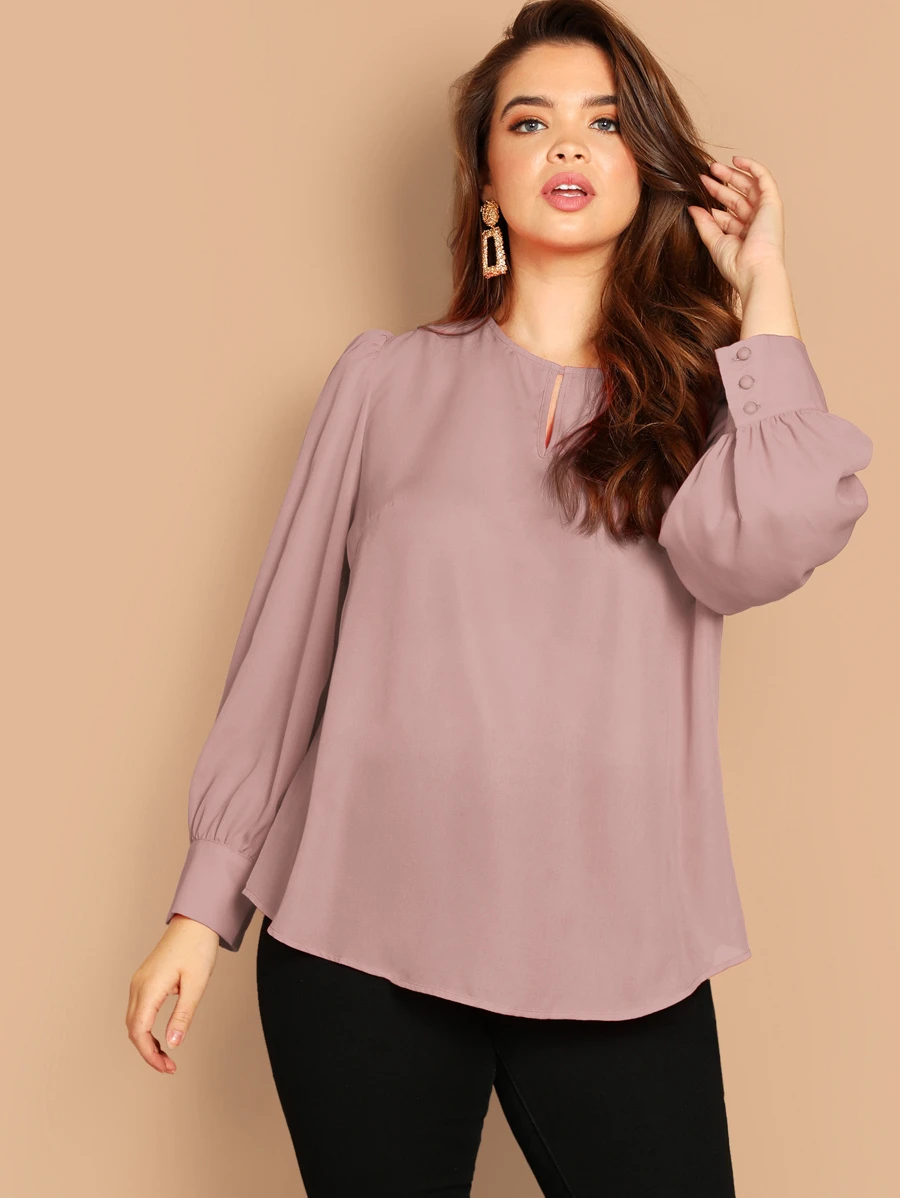 SHEIN Clasi Áo sơ mi Plus Size Nút màu trơn Hồng Tao nhã - Bụi hồng - Xem 1
