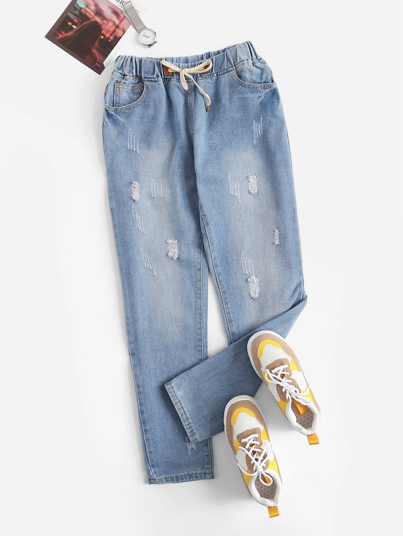 faded wash drawstring waist jeans