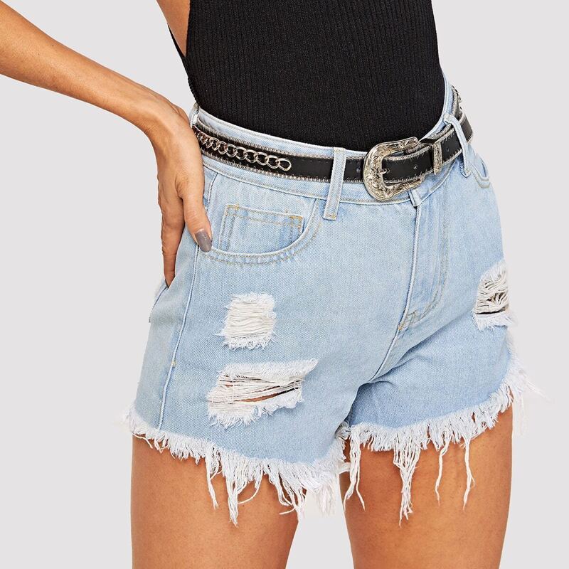 Ripped Raw Hem Denim Shorts, Blue