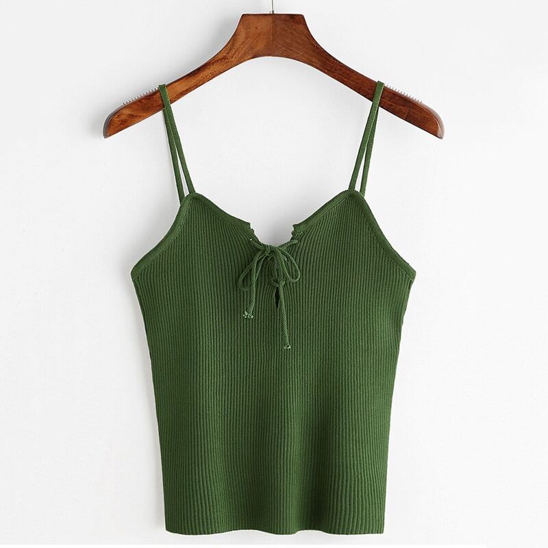 

Green Lace Up Front Ribbed Knitted Cami Top, Army green
