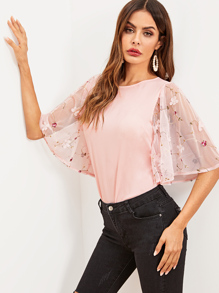 Mesh Panel Embroidery Blouse