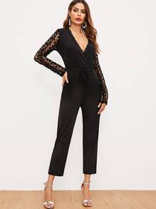 Hollow Out Crochet Drawstring Waist Jumpsuit