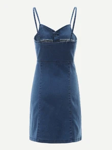 Single Breasted Spaghetti Strap Denim Dress - Navy Blue - View 2