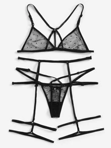 Exotic-Bondage Harness Polka Dot Garter Lingerie Set - Black - View 2