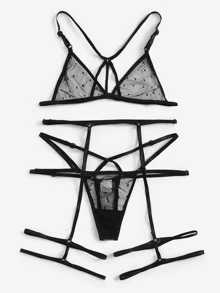 Exotic-Bondage Harness Polka Dot Garter Lingerie Set - Black - View 3