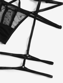 Exotic-Bondage Harness Polka Dot Garter Lingerie Set - Black - View 5