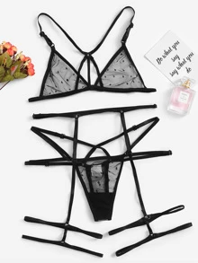 Exotic-Bondage Harness Polka Dot Garter Lingerie Set - Black - View 1