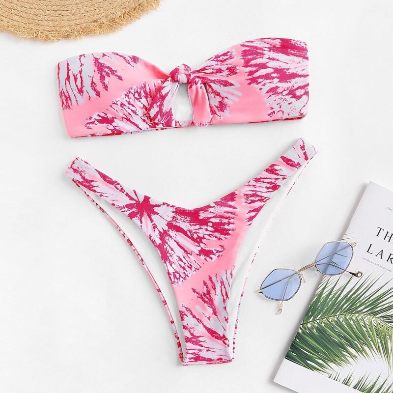 

Graphic Print Bandeau With High Cut Bikini Set, Pink pastel