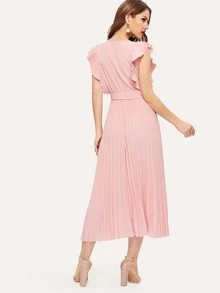 SHEIN Vestido cruzado con cinturón de sisa fruncido panel fruncido - Rosa coral - Ver 2