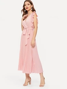 SHEIN Vestido cruzado con cinturón de sisa fruncido panel fruncido - Rosa coral - Ver 3